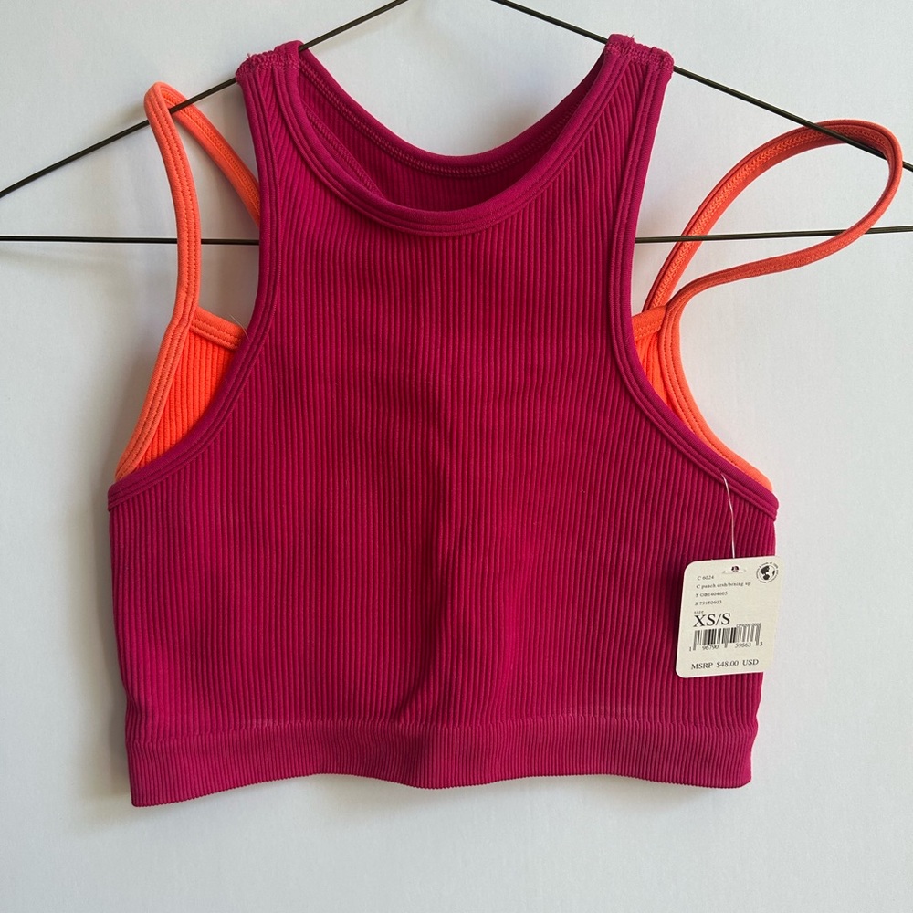 FP Movement Pink and Orange Ribbed Layered Tank Top (Cropped)